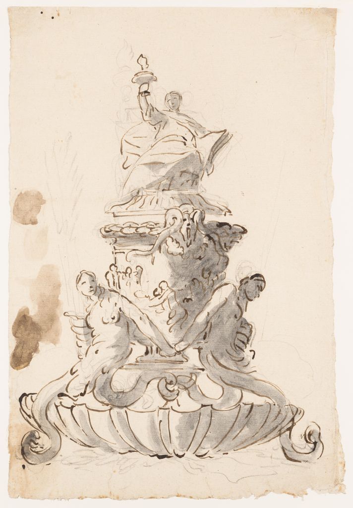 Giovanni Battista Tiepolo, Study for an Inkstand, a historical drawing in Pen and brown ink, gray wash, with splashes of brown wash on the left, over black chalk.