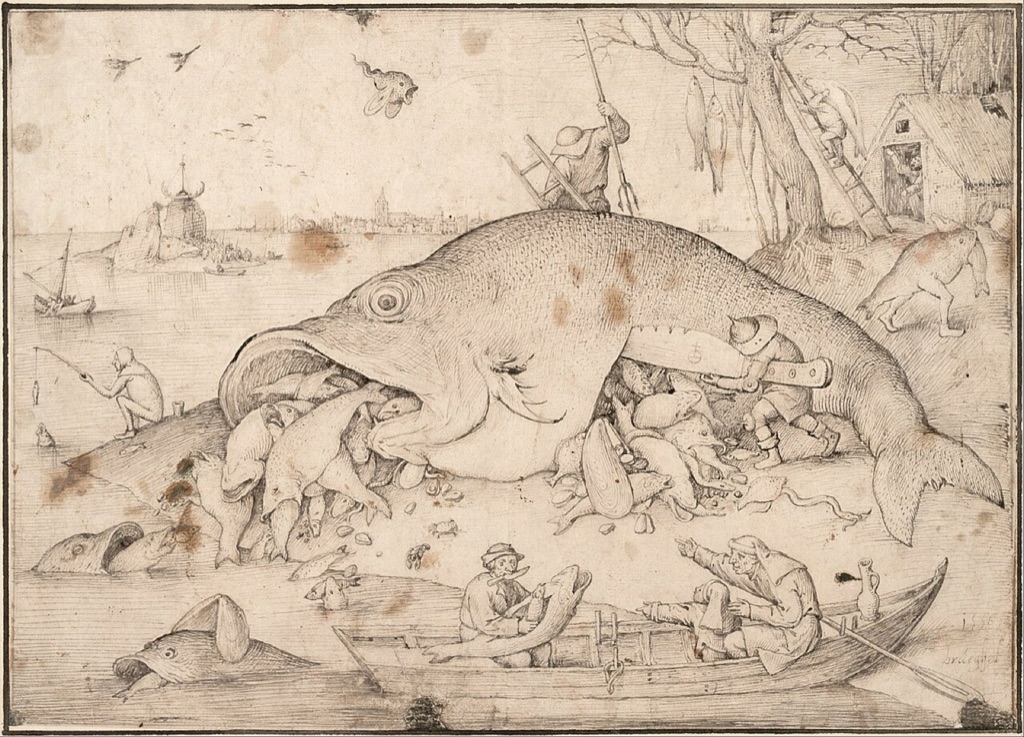 Oversized fish spills smaller fish while people and boats crowd the shore