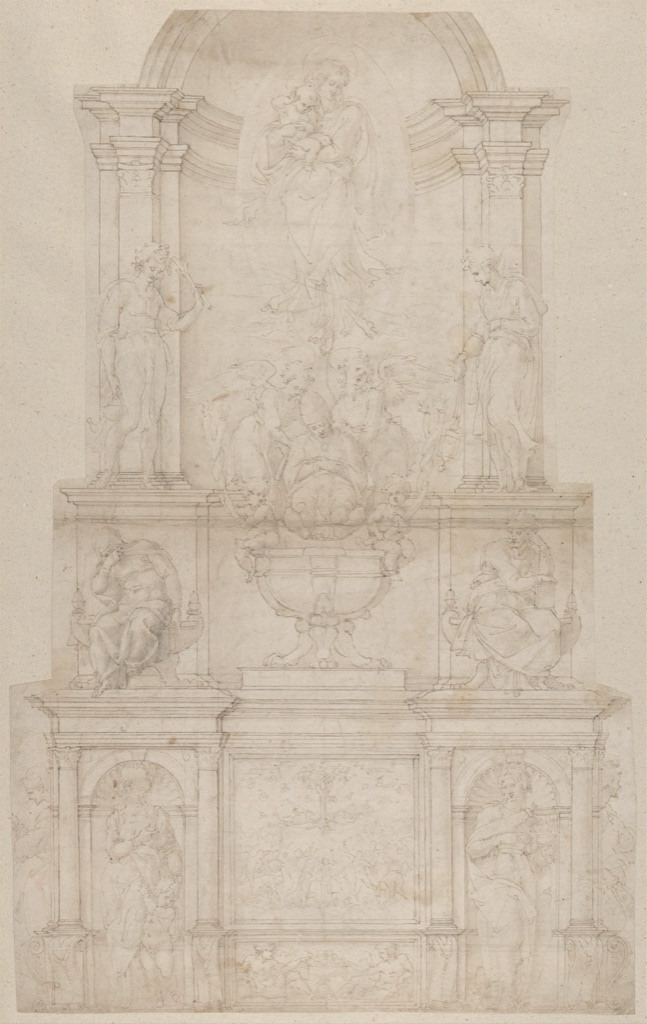 Architectural elevation for a monumental tomb filled with sculpted figures