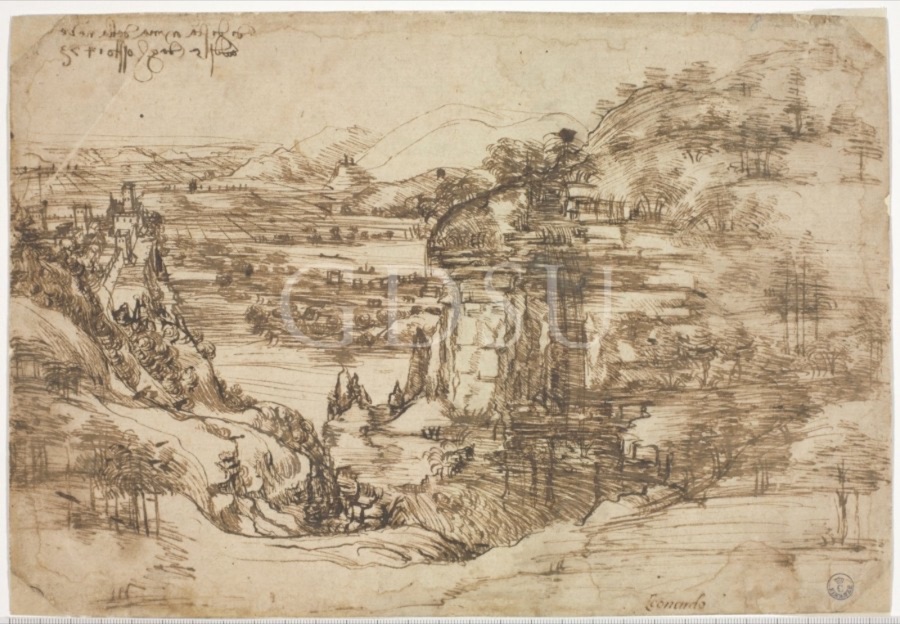 Leonardo da Vinci landscape drawing of a river valley, dated 5 August 1473