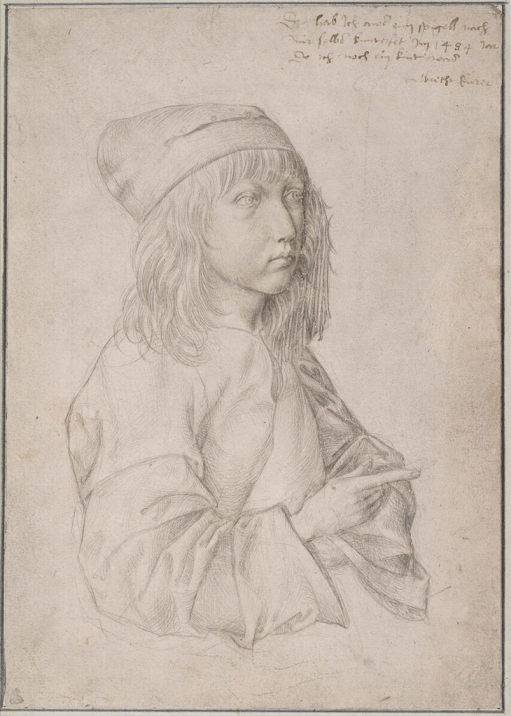 Young Dürer points to the right in a silverpoint self-portrait