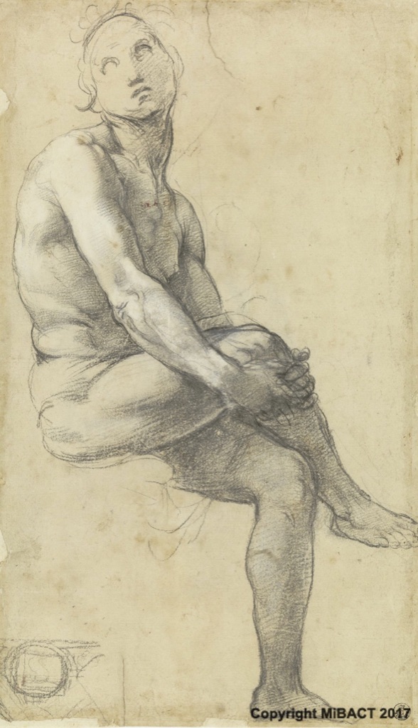Seated nude man in black chalk with white highlights and a small architectural sketch