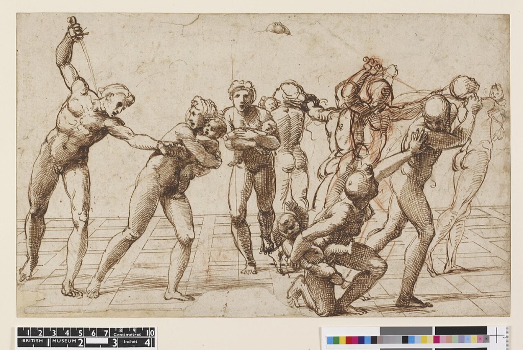 Nude mothers shield infants from attacking soldiers in a pen-and-ink composition study