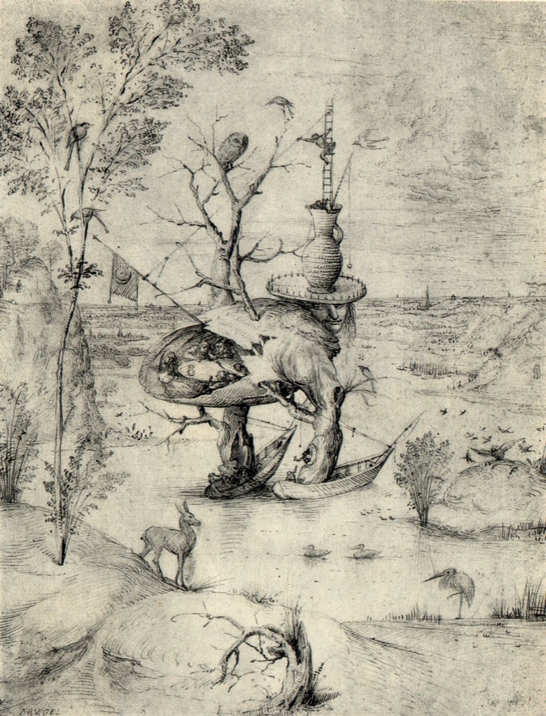 Hybrid tree-bodied figure stands in an imaginary landscape filled with tiny figures