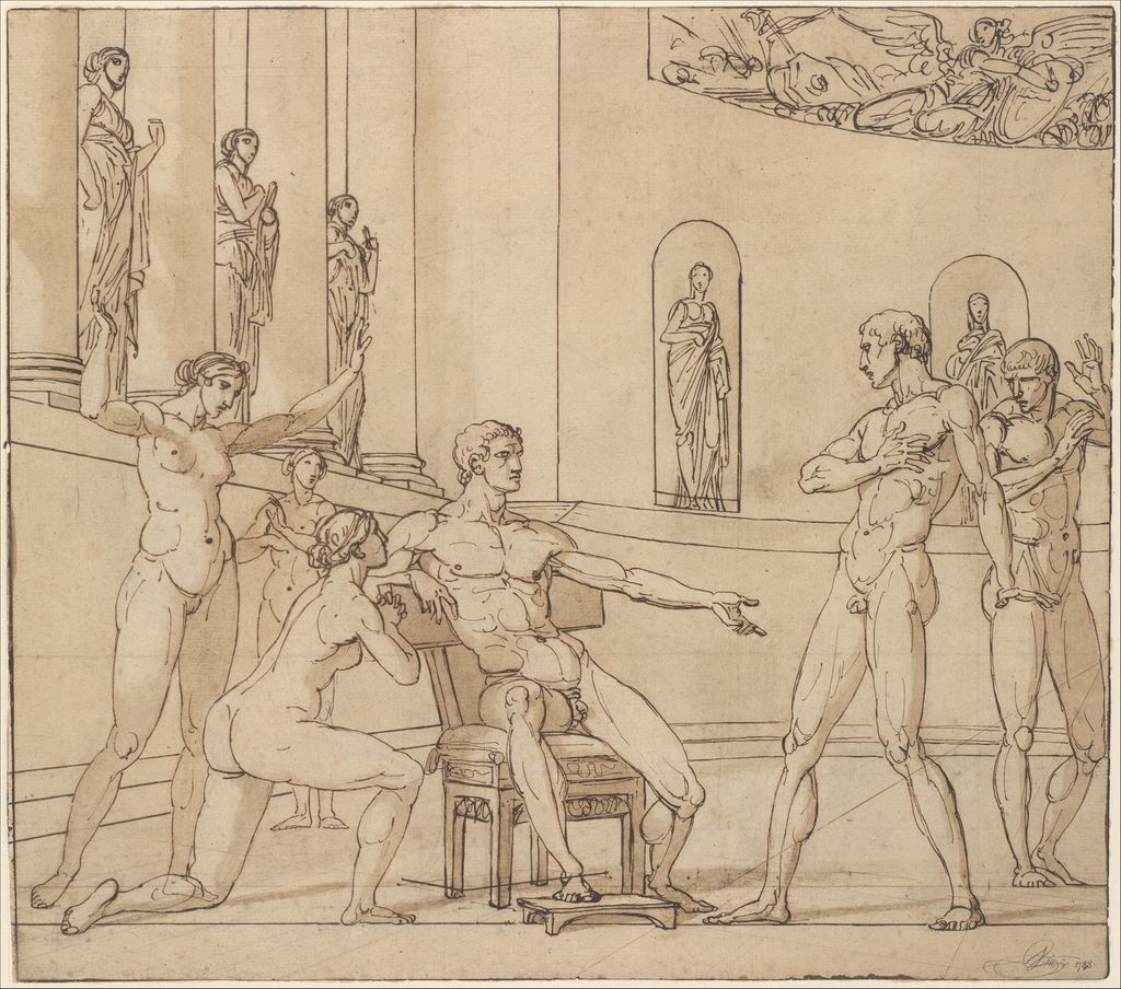 François André Vincent, The Clemency of Augustus, a historical drawing in Pen and brown ink, brush and brown wash, over traces of red chalk; perspective lines in graphite (recto).  Red chalk; squared in red chalk (verso)..