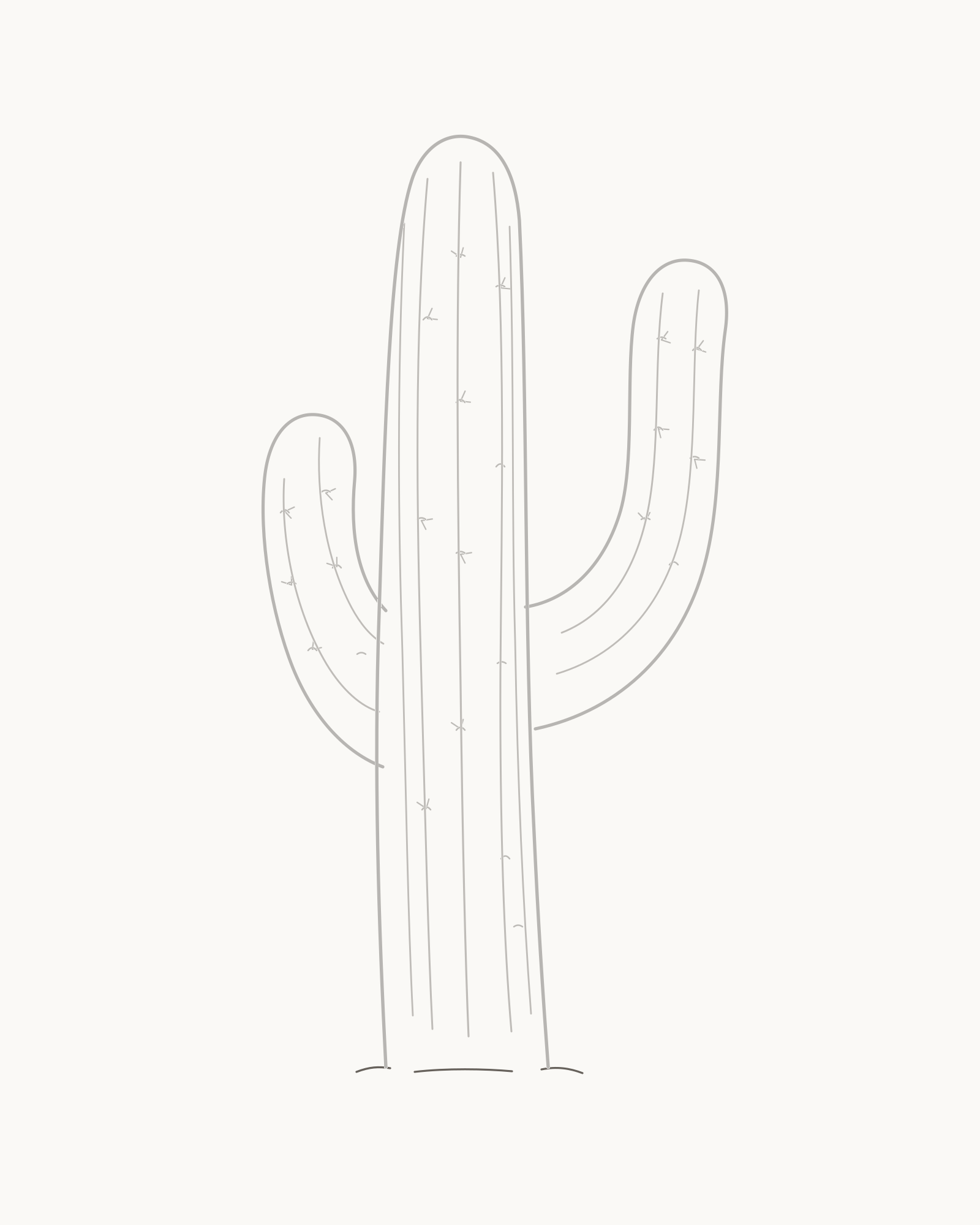 Stage 7 cactus drawing adding three short ground-contact strokes beneath the open trunk base