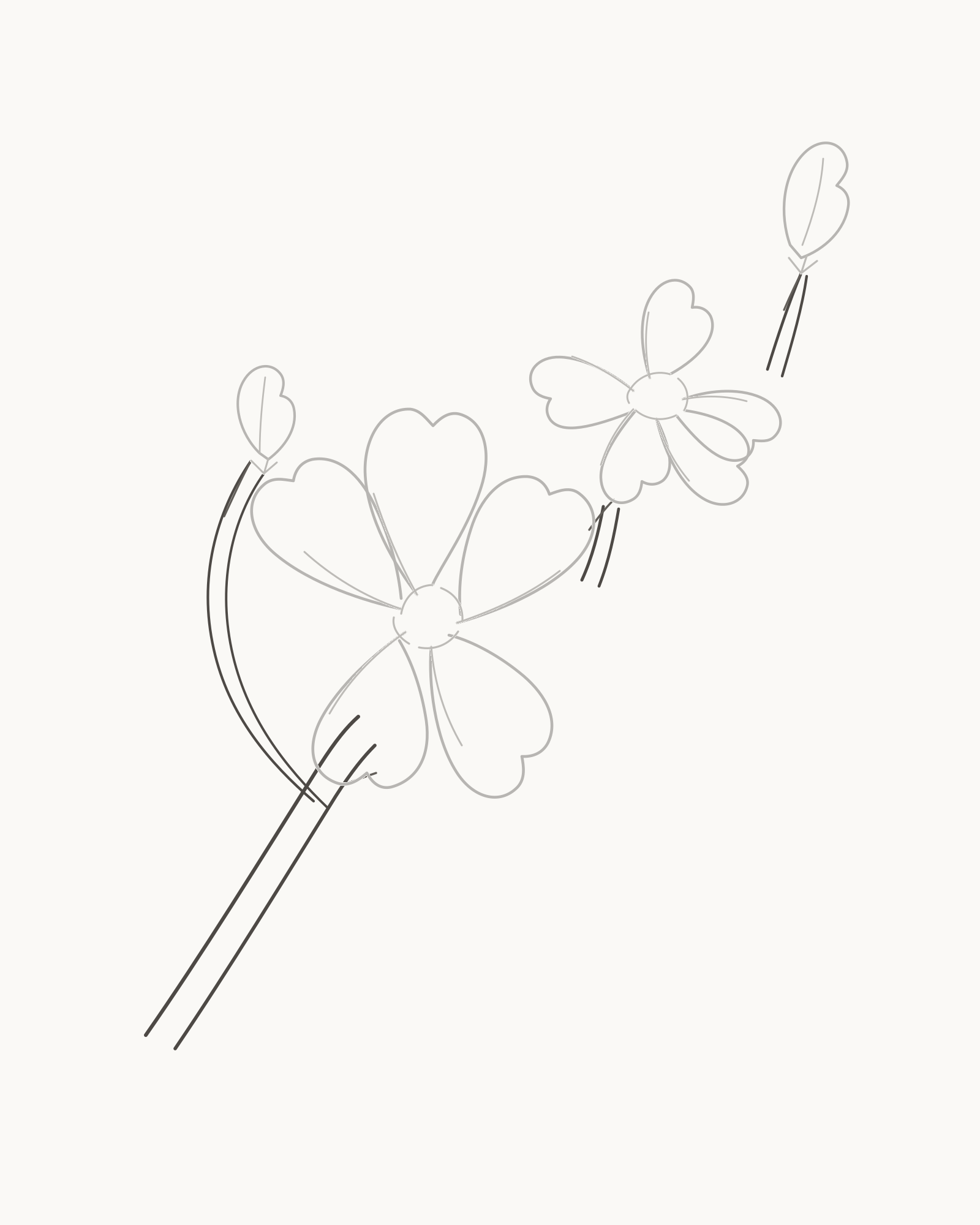 Stage 6 cherry blossom drawing adding a tapered diagonal branch, fork and four short flower stalks