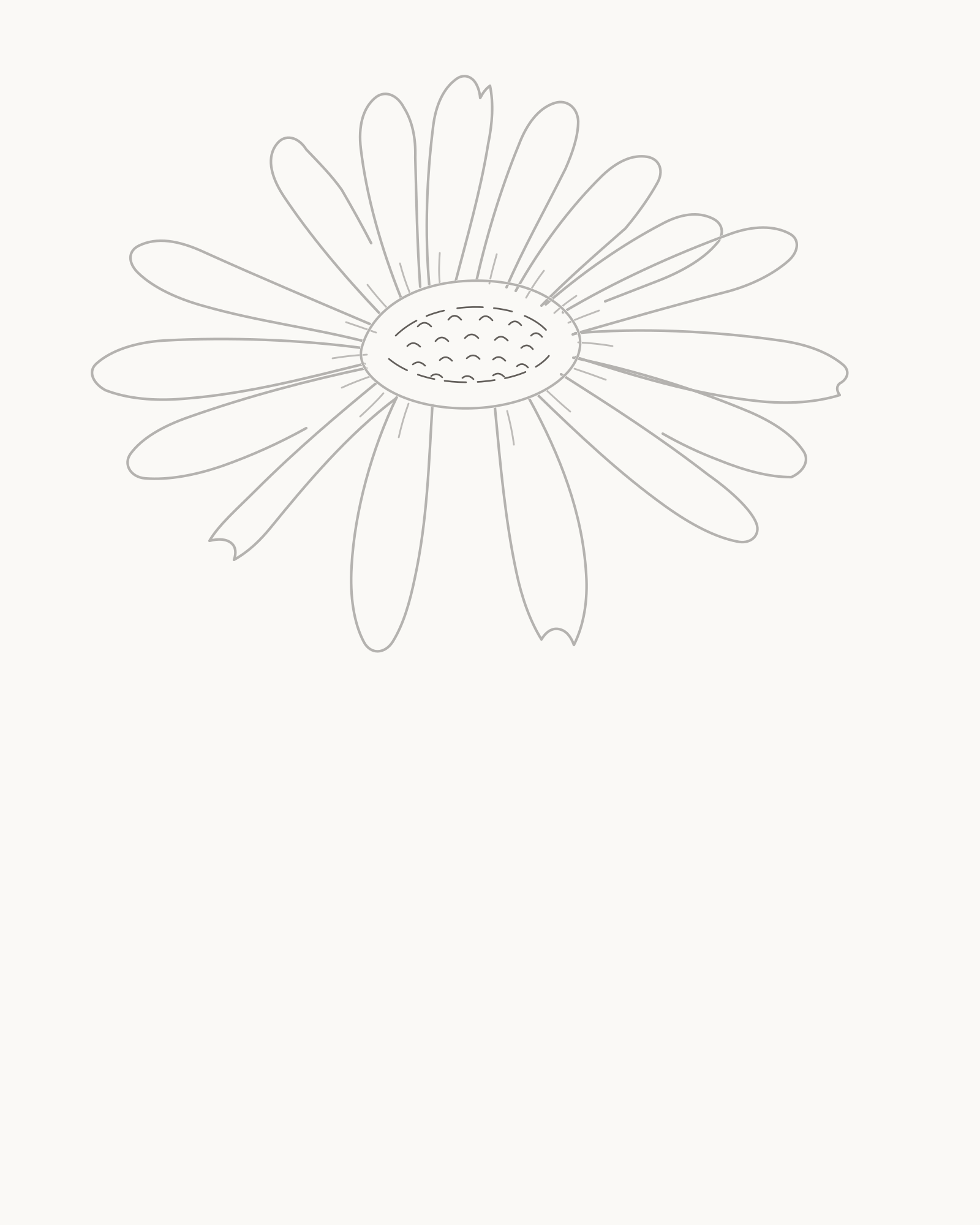Stage 5 daisy drawing adding two broken arcs and eighteen small curved marks inside the centre