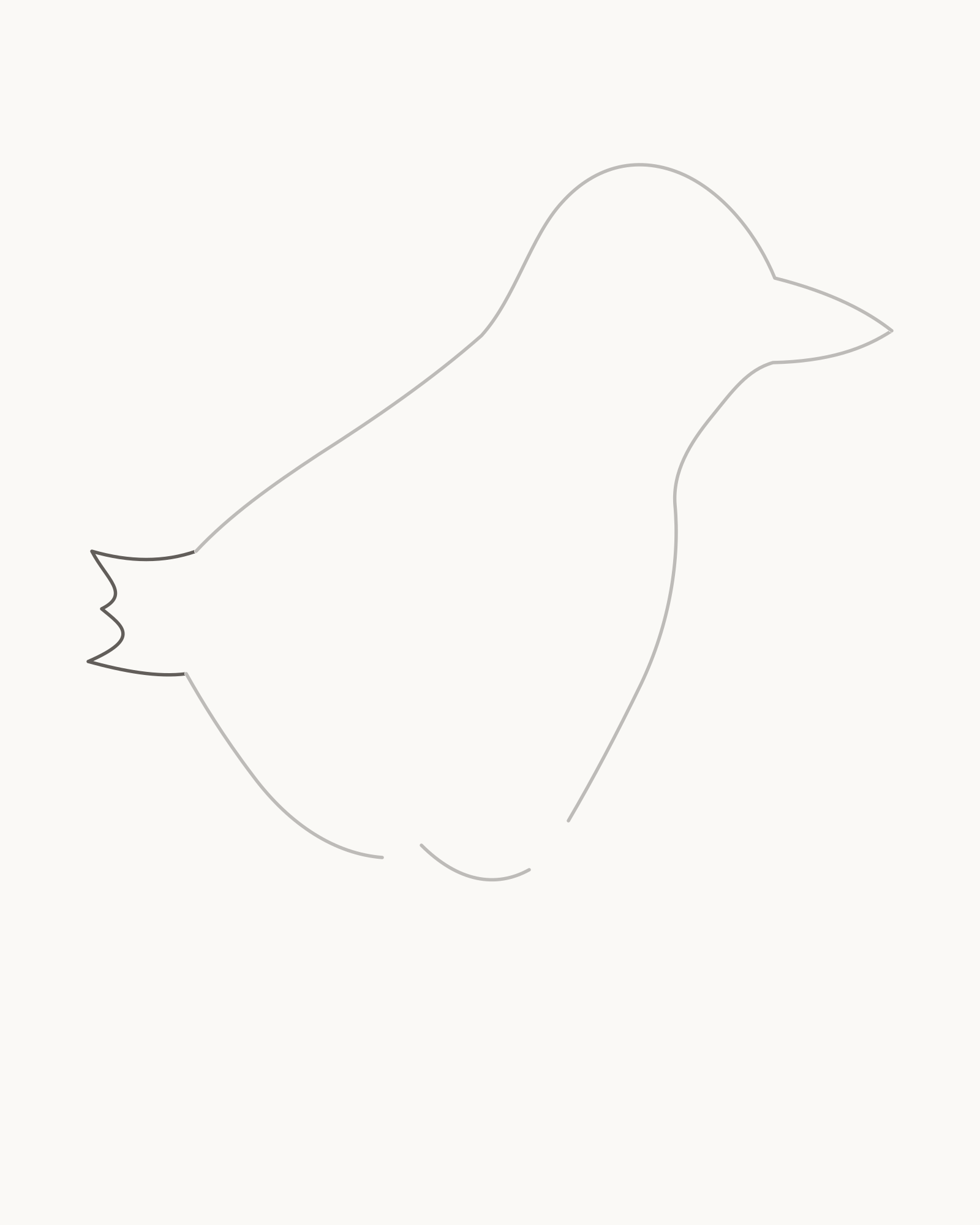 Stage 3 duck drawing adding one attached short tail fan with exactly three unequal feather points between the fixed rump roots