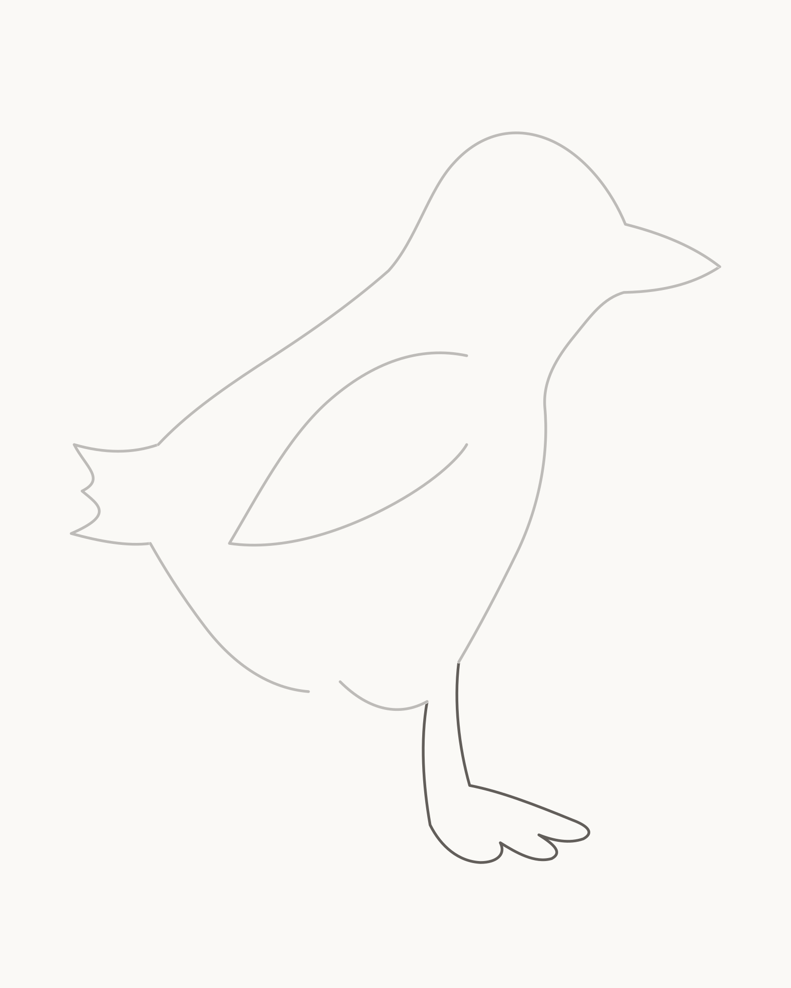 Stage 5 duck drawing adding the near leg and low webbed foot with exactly three unequal forward toe points and two shallow valleys