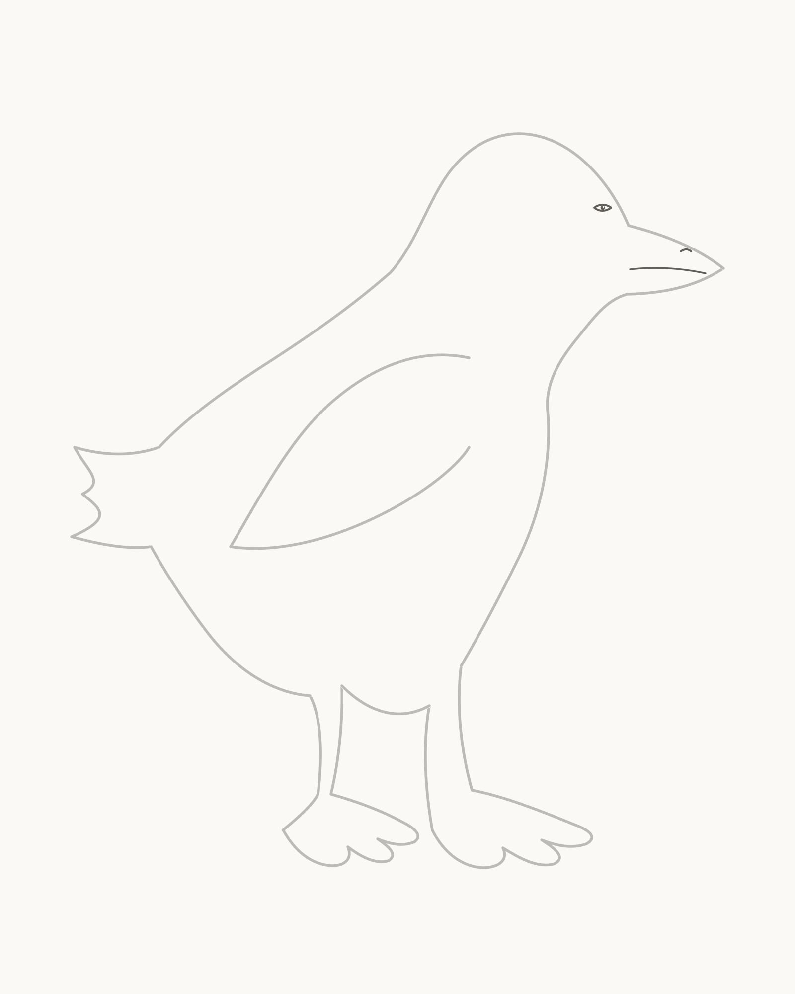 Stage 7 duck drawing adding one small near eye with a minute pupil reserve, one nostril and an open mouth seam that stops before the bill tip
