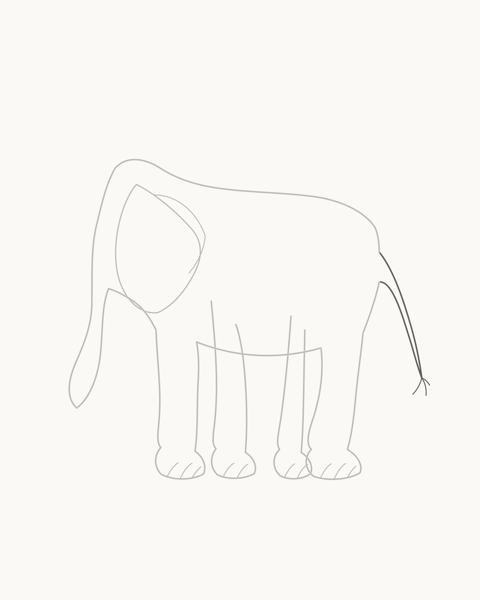 Stage 6 elephant drawing adding a relaxed tapering tail between the fixed rump endpoints and three unequal tuft strokes