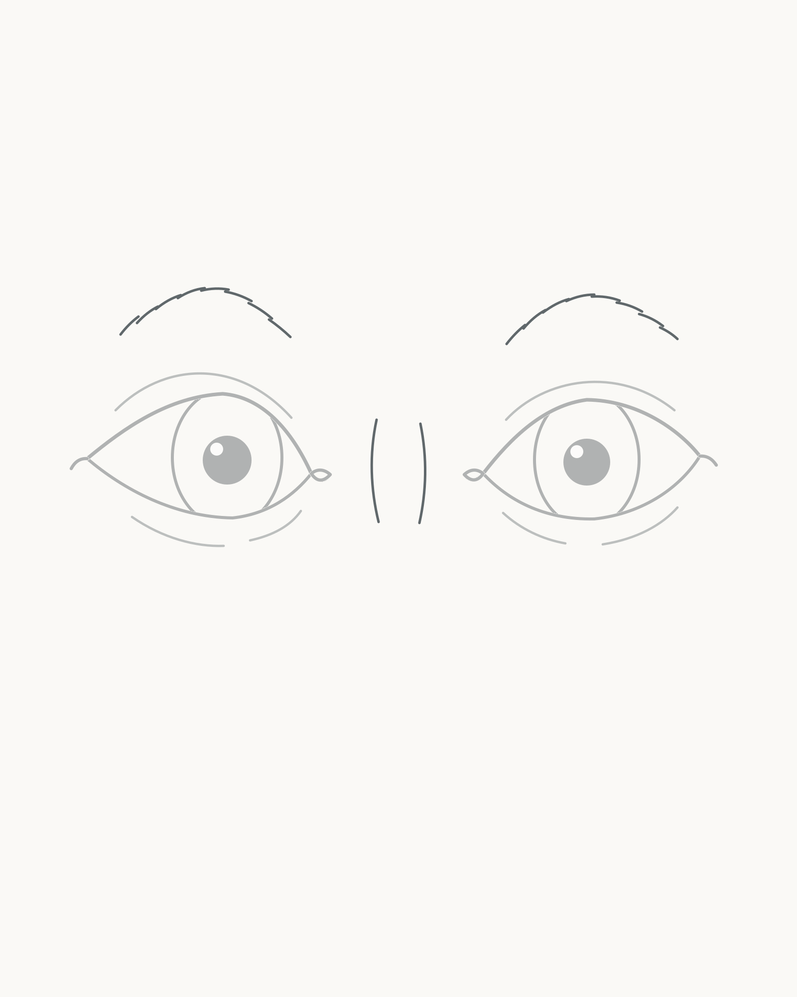 Stage 7 eye-pair drawing adding two lightly broken unequal brows and two short central nose-bridge strokes