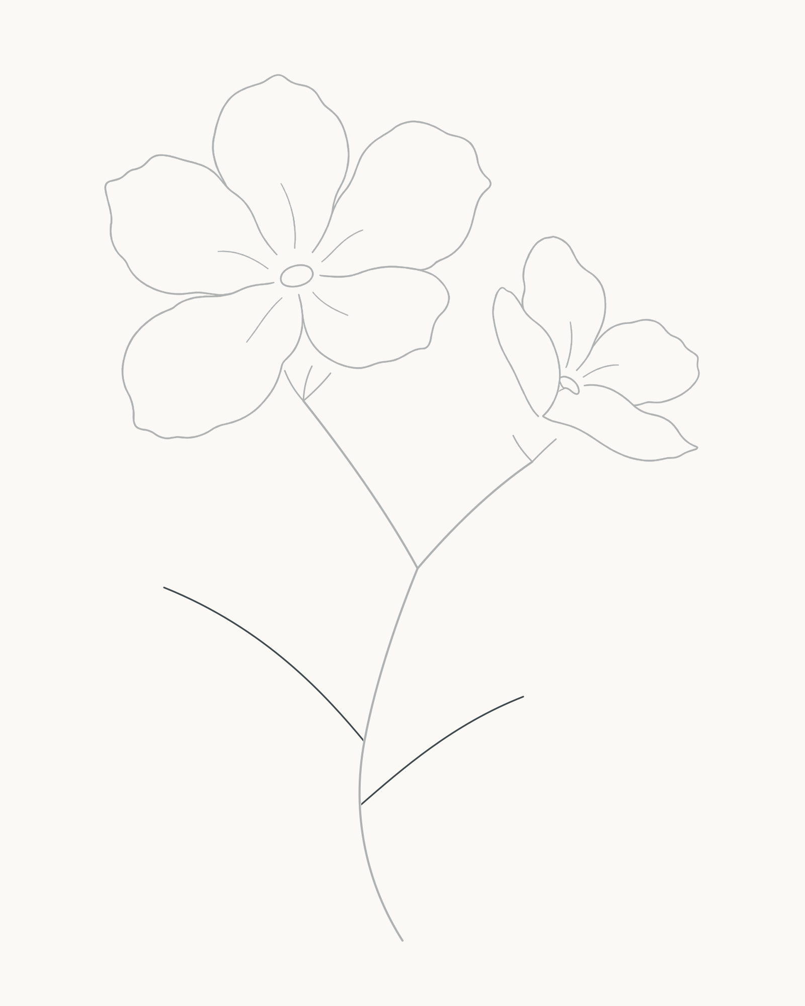 Stage 7 flower sprig adding one long up-left leaf axis and one shorter up-right axis from the stem