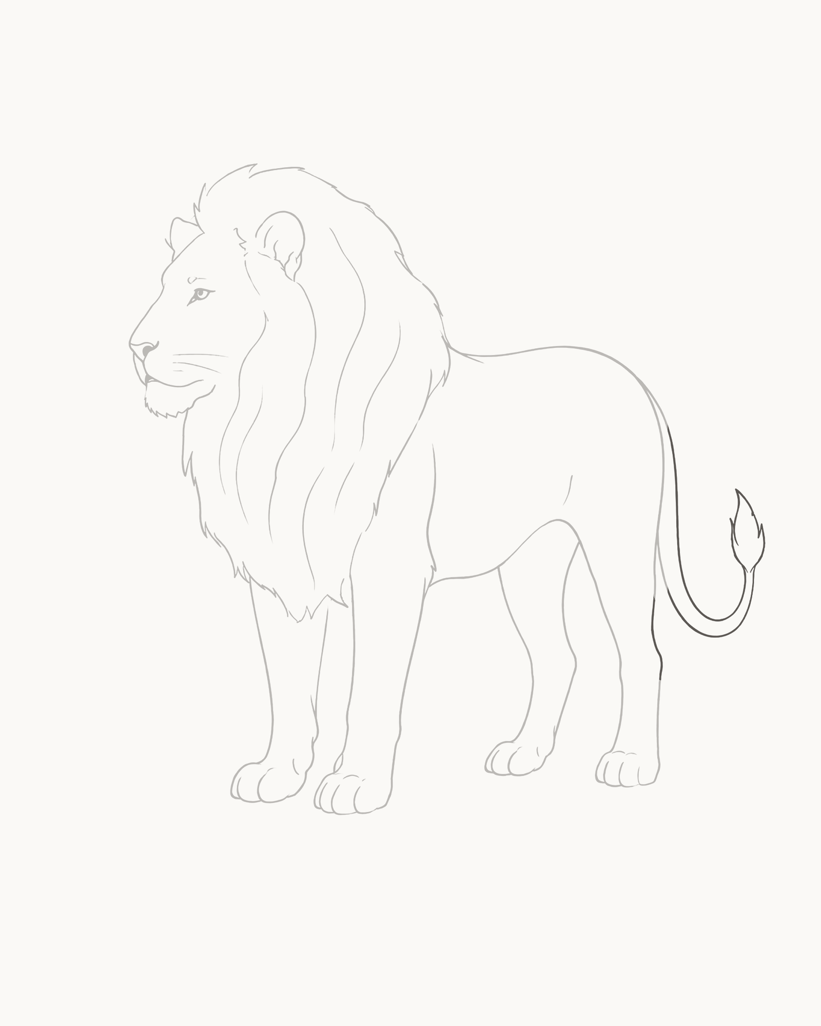 Stage 9 complete lion line drawing adding a two-edged tapered tail with a hidden rump root and five unequal tuft points