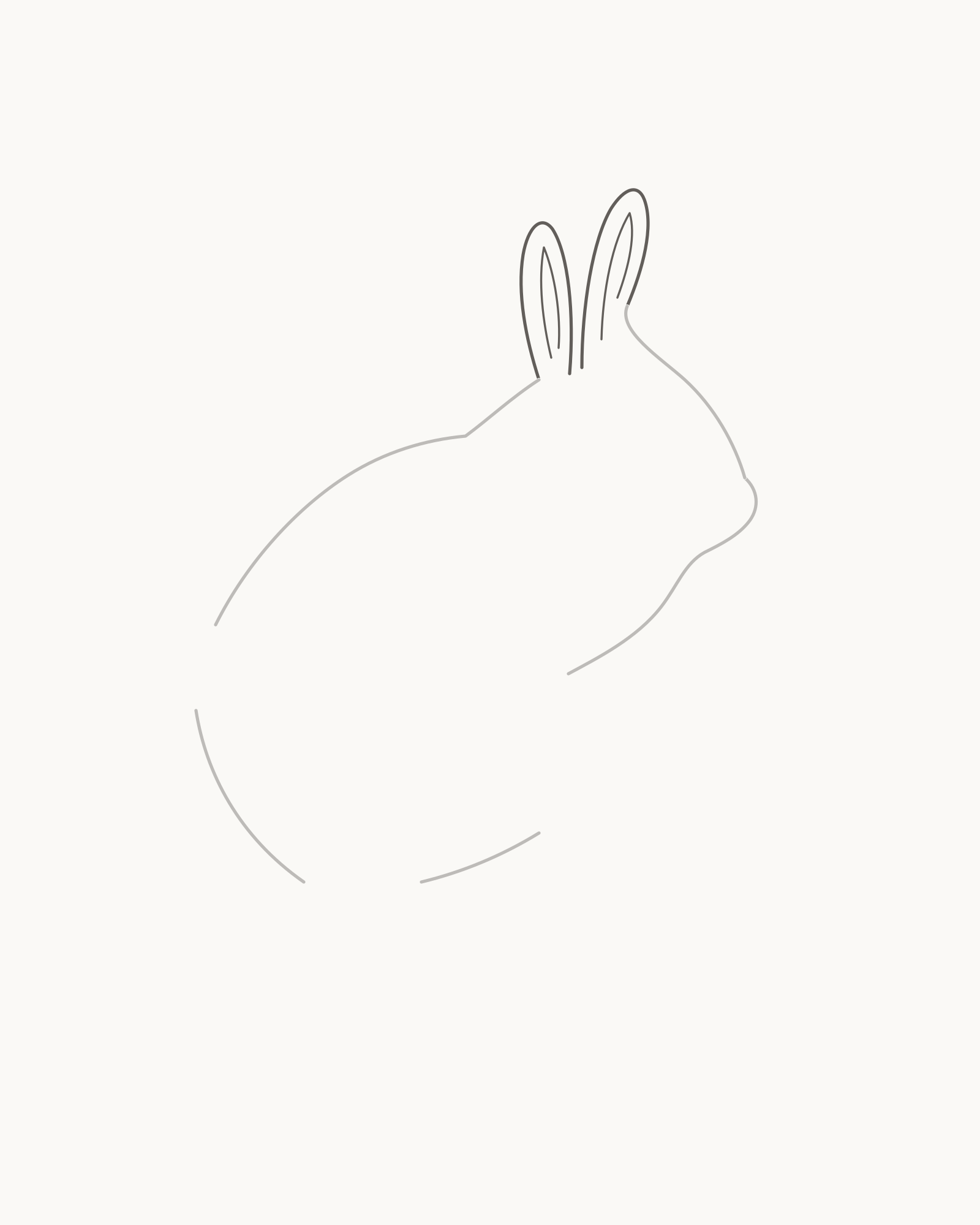 Stage 3 rabbit drawing adding a taller forward-leaning near ear and a shorter more upright far ear with separate attached roots and inner contours