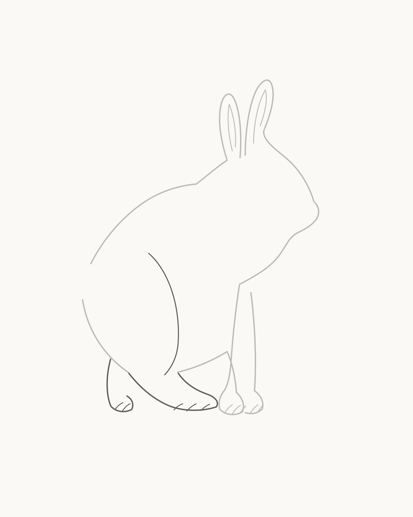Stage 5 rabbit drawing adding the folded near thigh and long near hind foot with three toe arcs plus a partly hidden far hind foot with two toe arcs