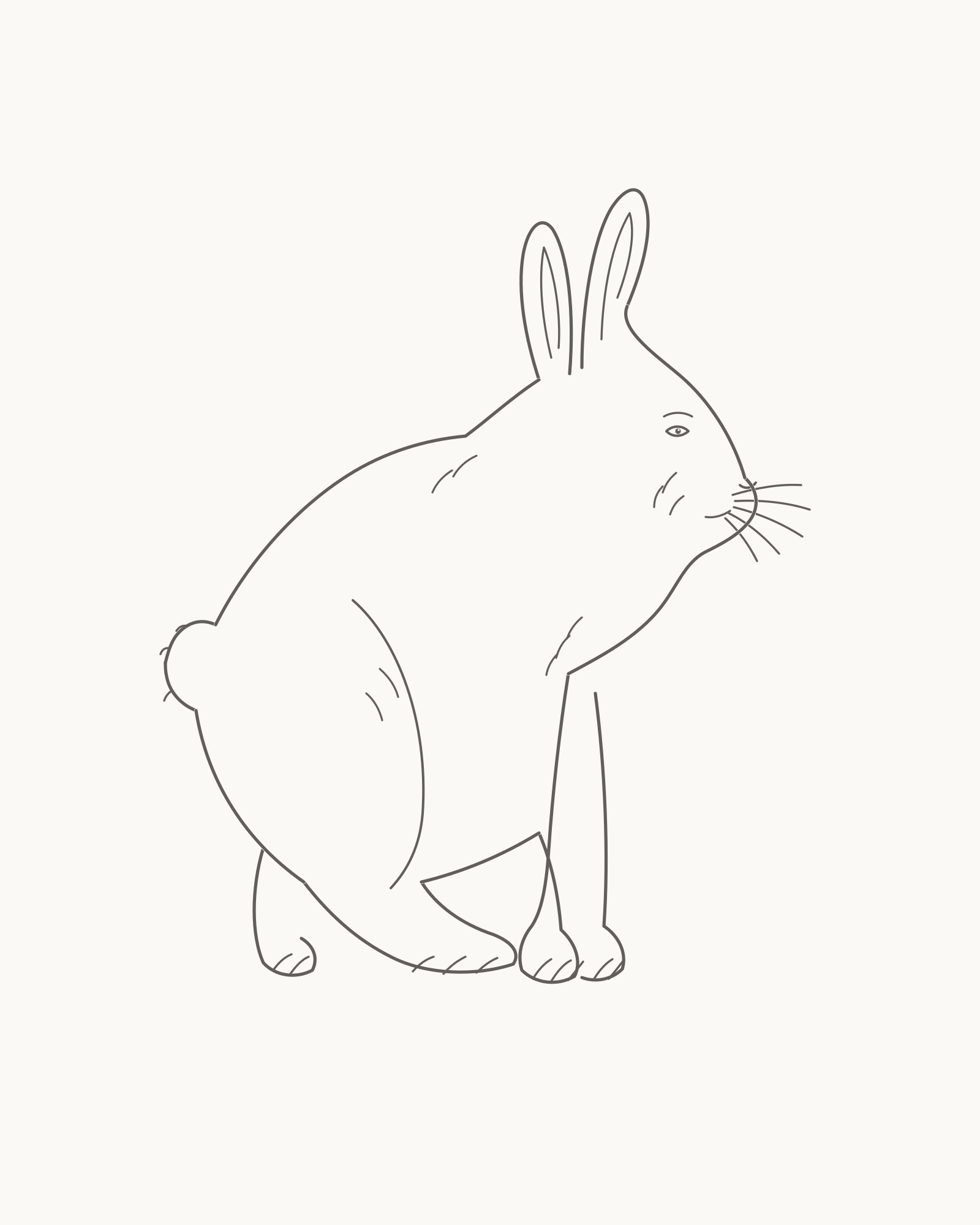 Complete clean line drawing of a calm adult rabbit seated in a right-facing three-quarter side view with unequal upright ears, four distinct paws, an attached short tail and sparse fur-direction marks