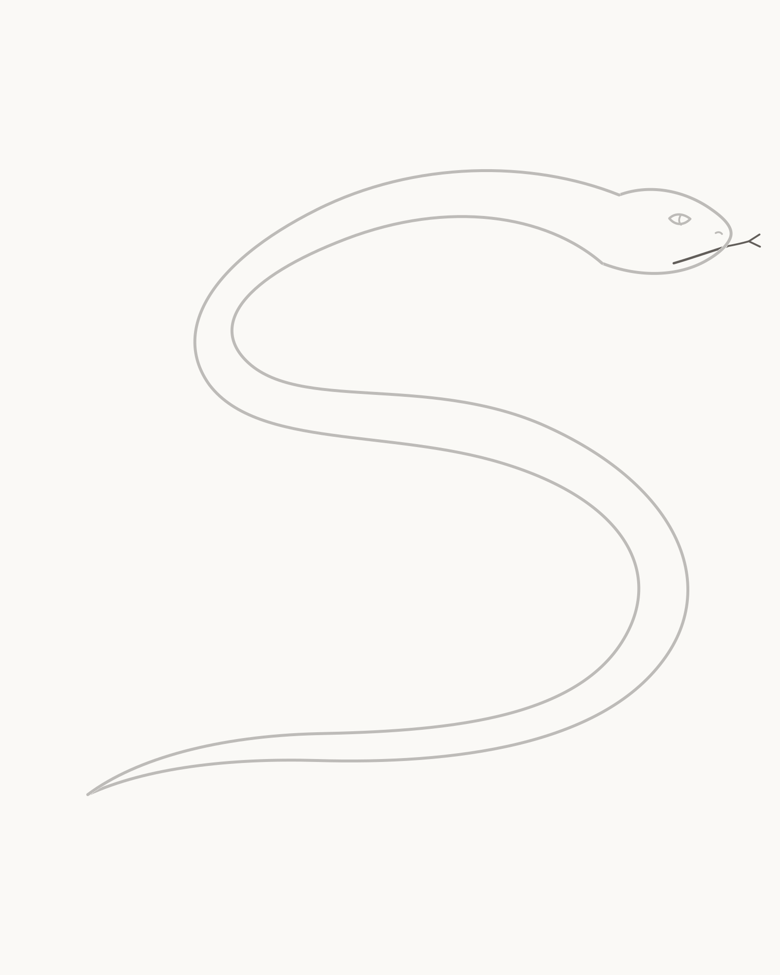 Stage 5 snake drawing adding a short mouth seam and a slim attached tongue with a small final fork