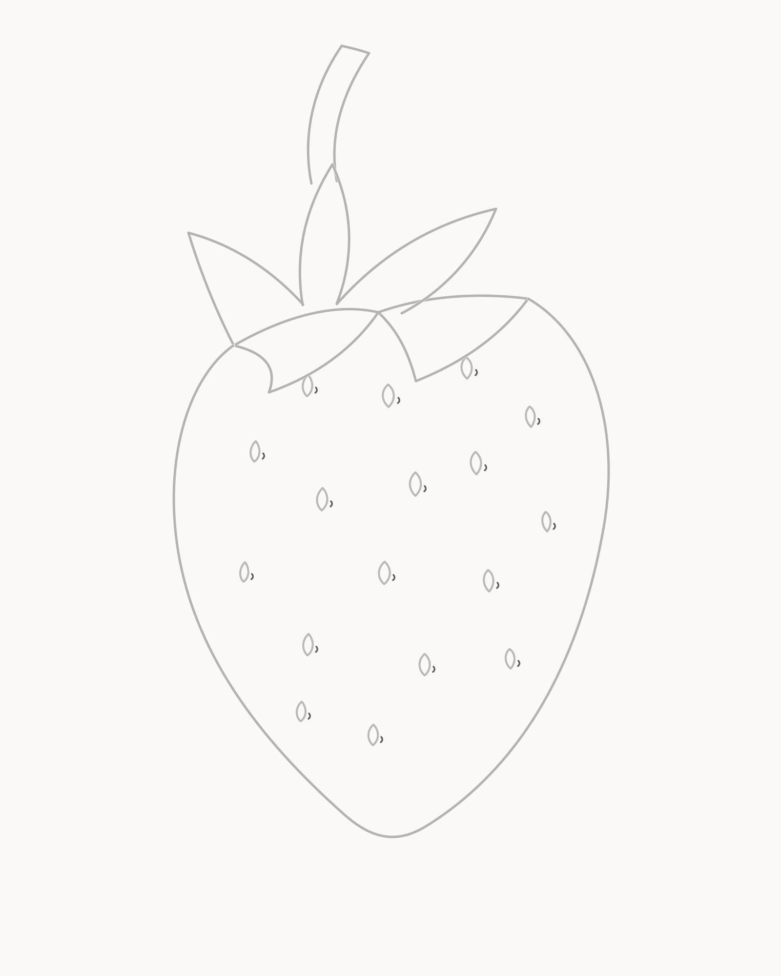 Stage 8 complete strawberry line drawing adding one separate lower-right cavity arc beside each of seventeen achenes
