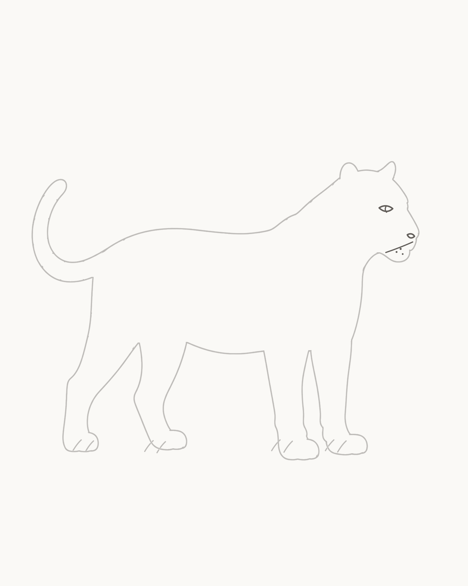 Stage 6 tiger drawing adding one visible near eye, a compact nose, a short closed mouth and three whisker-root dots