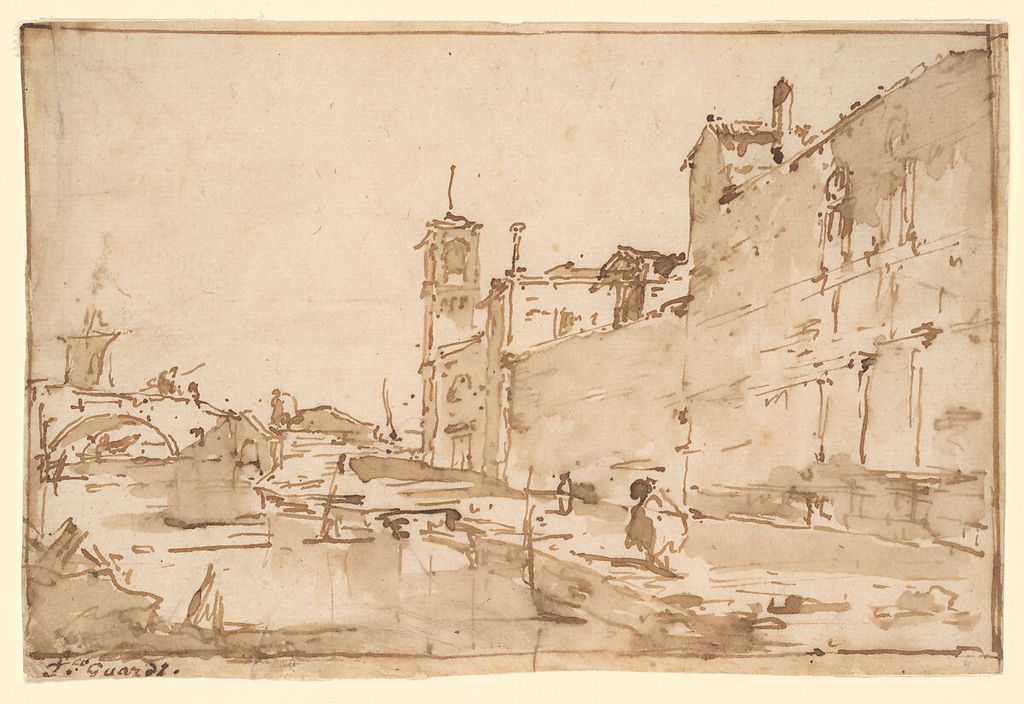 Francesco Guardi, A Venetian Capriccio, a historical drawing in Pen and brown ink, brown wash.