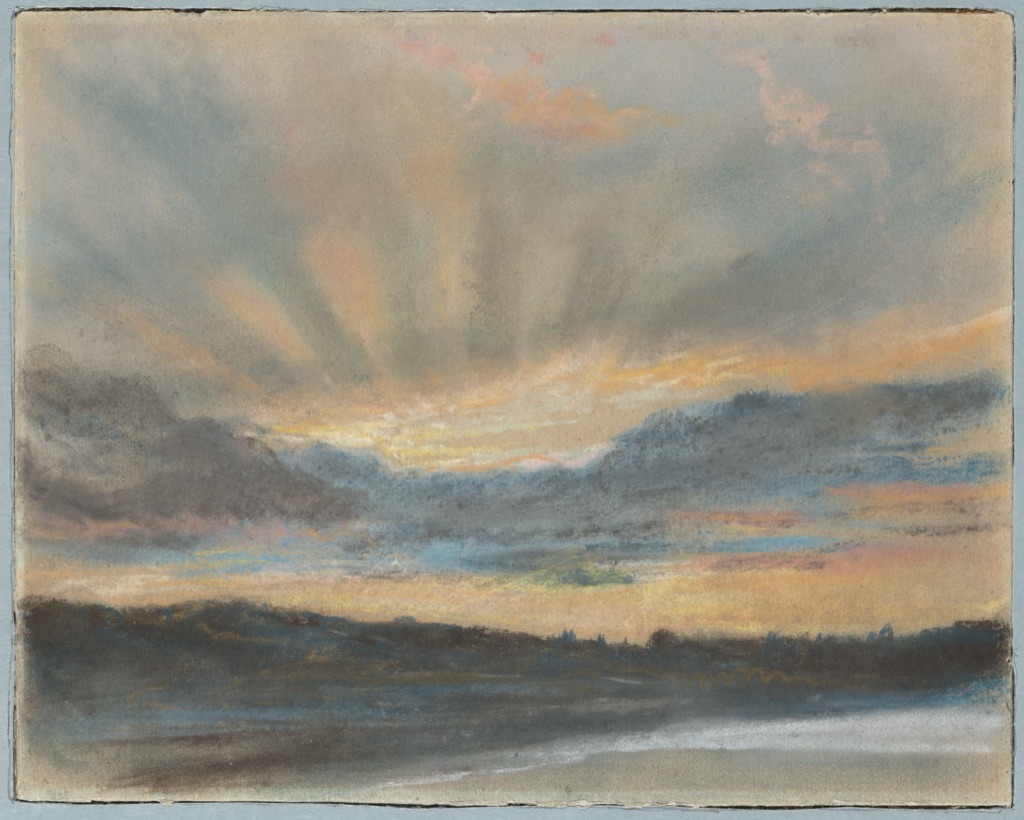Eugène Delacroix, Sunset, a historical drawing in Pastel on blue laid paper.