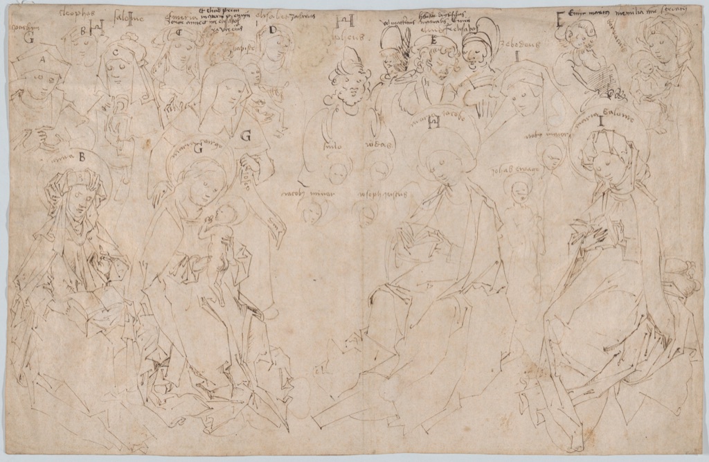 Master of the Drapery Studies, The Holy Kinship, a historical drawing in Pen and brown ink.