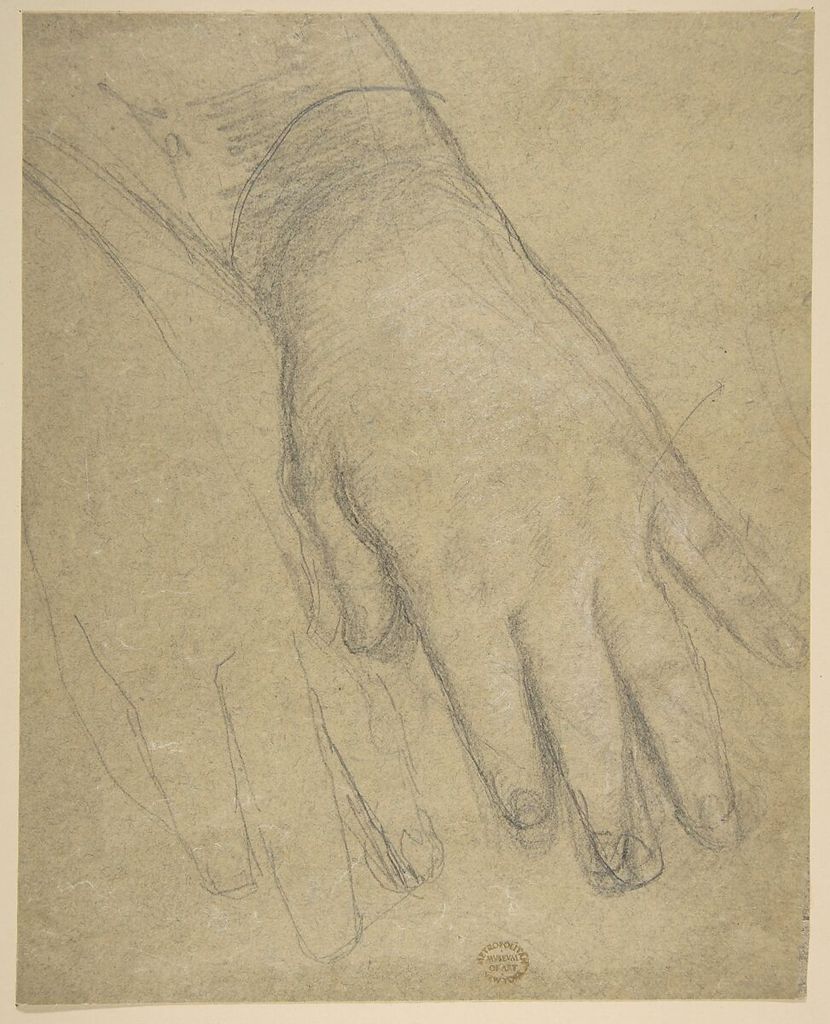 Anonymous, French, 19th century, Study of a Hand, a historical drawing in Graphite heightened with white.