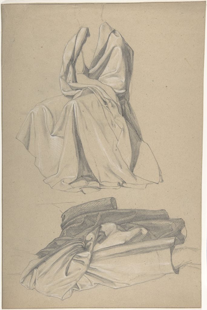 Alfred Rethel, Drapery Study, a historical drawing in Graphite, heightened with white on brown paper; framing lines in graphite.