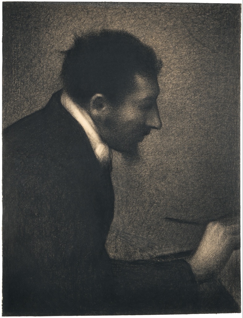 Seurat tonal portrait of Aman-Jean emerging from granular black crayon and untouched textured paper.