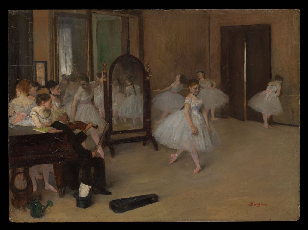 Earlier small horizontal Degas class painting with mirror and seated musician