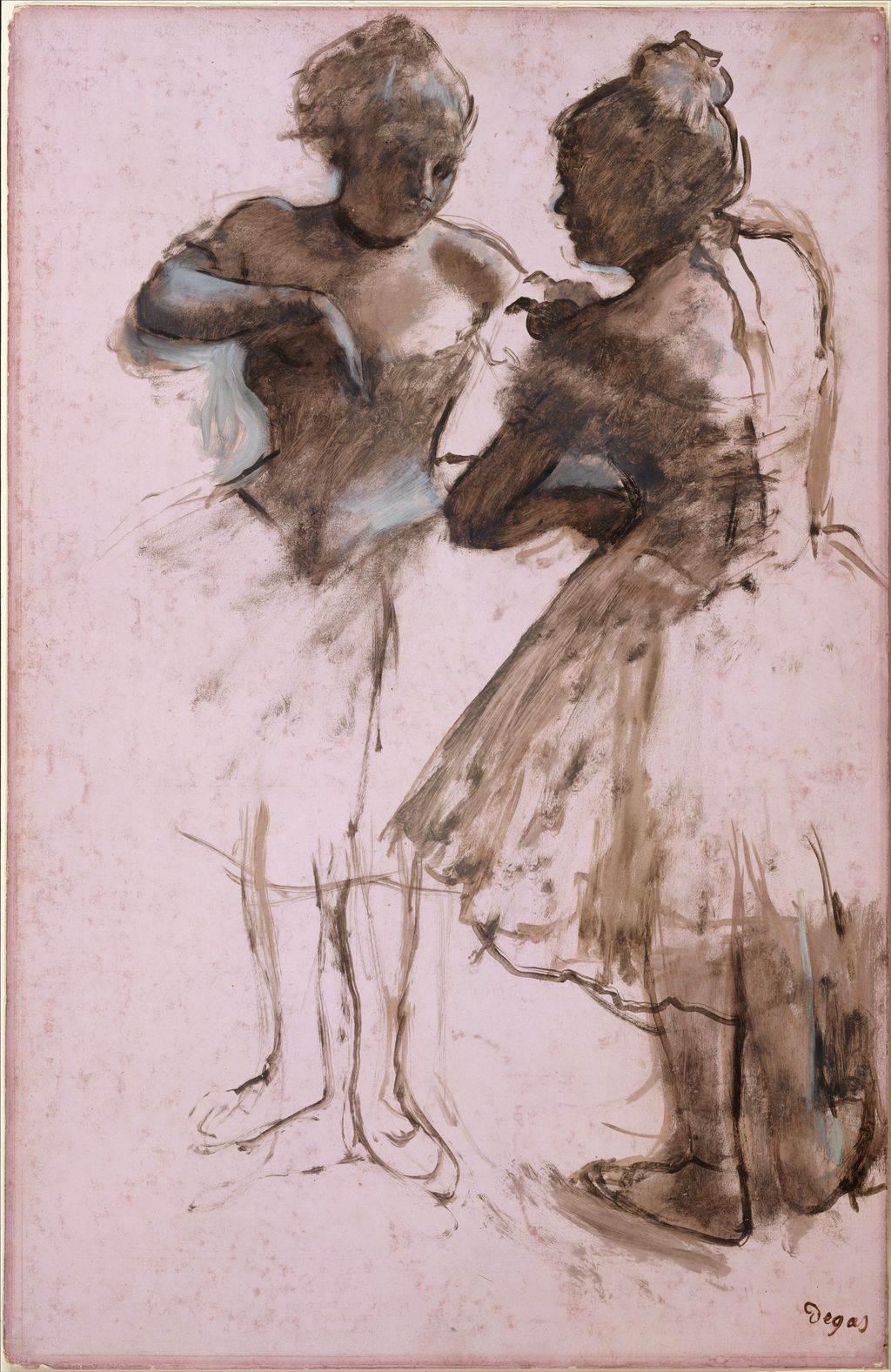 Two dancers in brown wash on pink paper, one adjusting her clothing