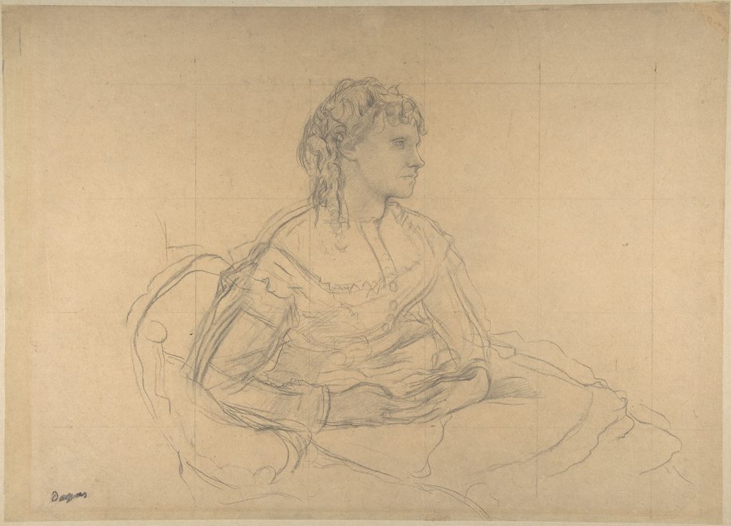 Graphite study of Yves Morisot seated with hands together, squared for transfer