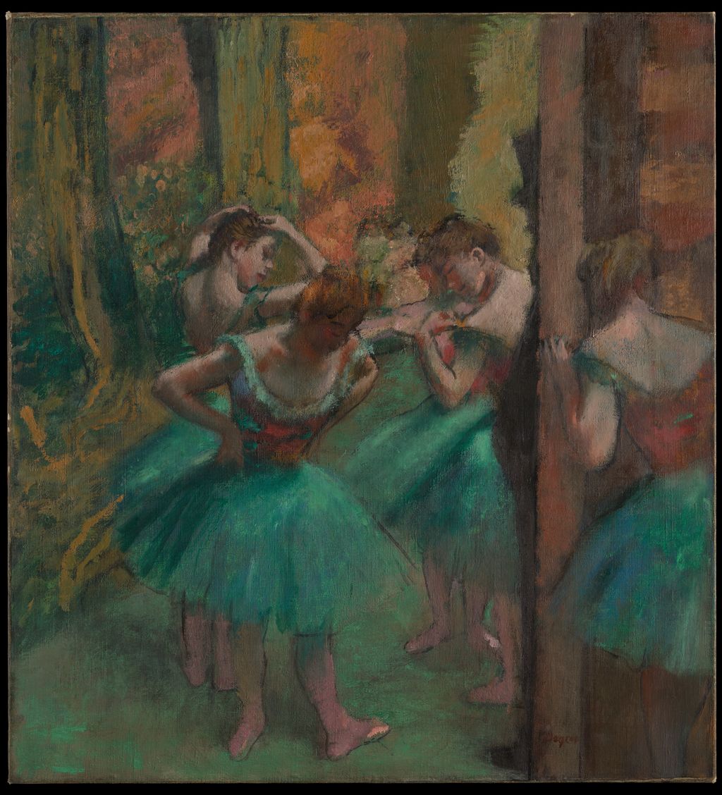 Degas dancers in pink and green costumes within a late oil painting