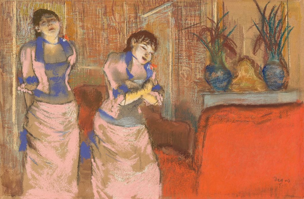 Two women in a room, built from pastel, watercolor and charcoal