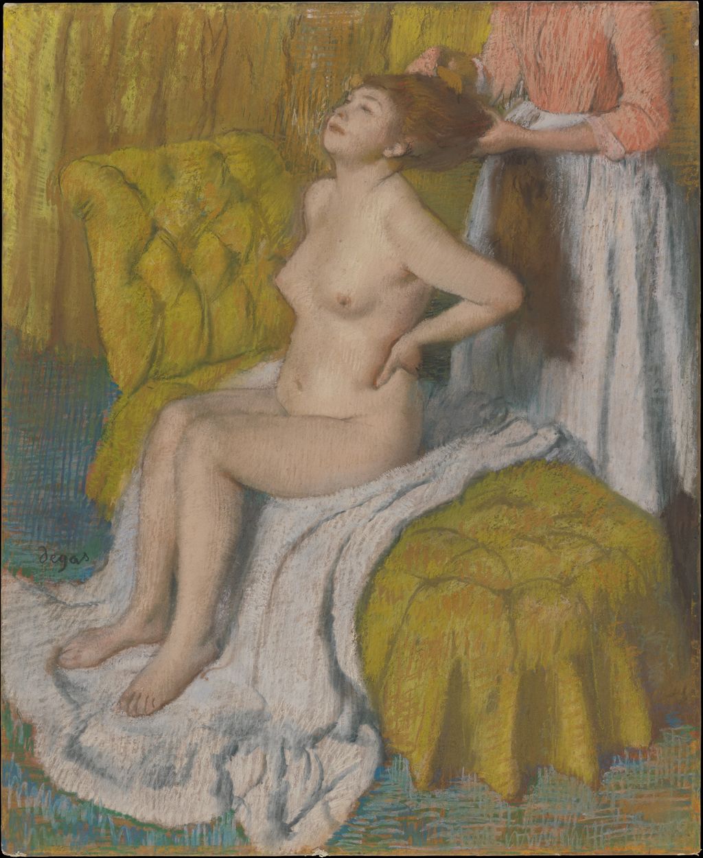 Seated woman having her hair combed in a densely worked pastel by Degas