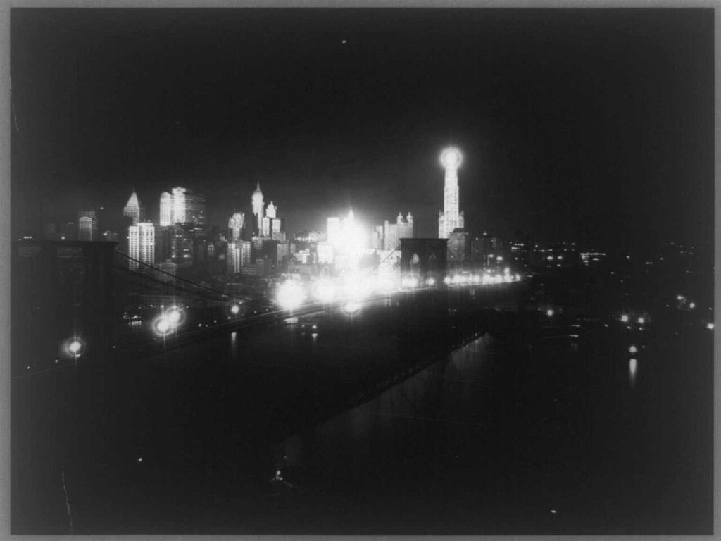 Photograph of Lower Manhattan at night in 1919.