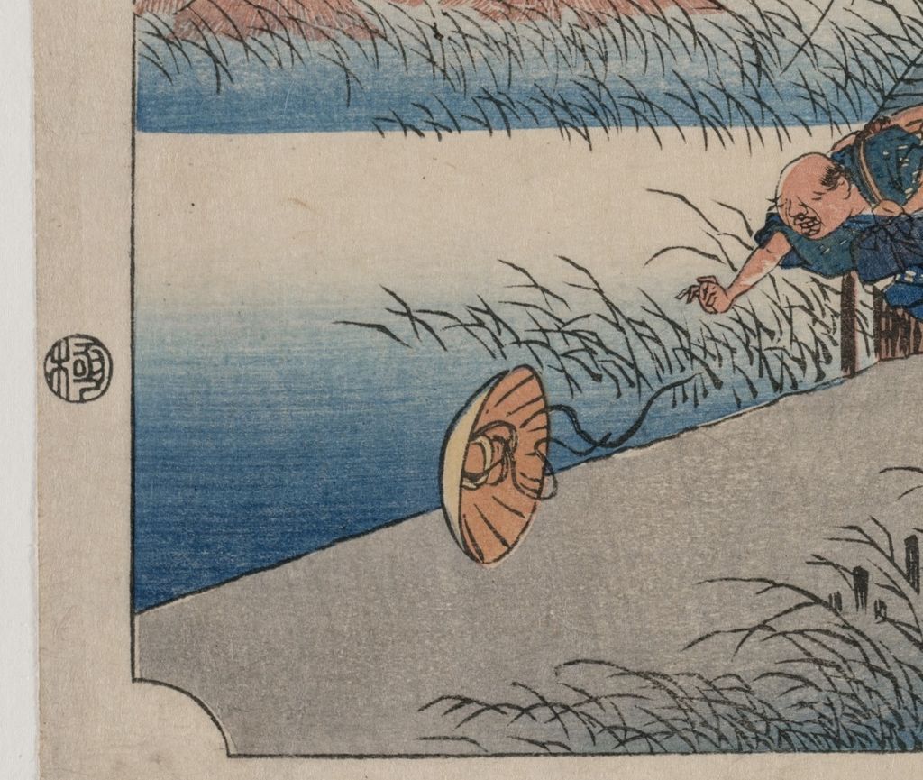 Blown hat detail from Hiroshige’s Yokkaichi, Cleveland 1948.307