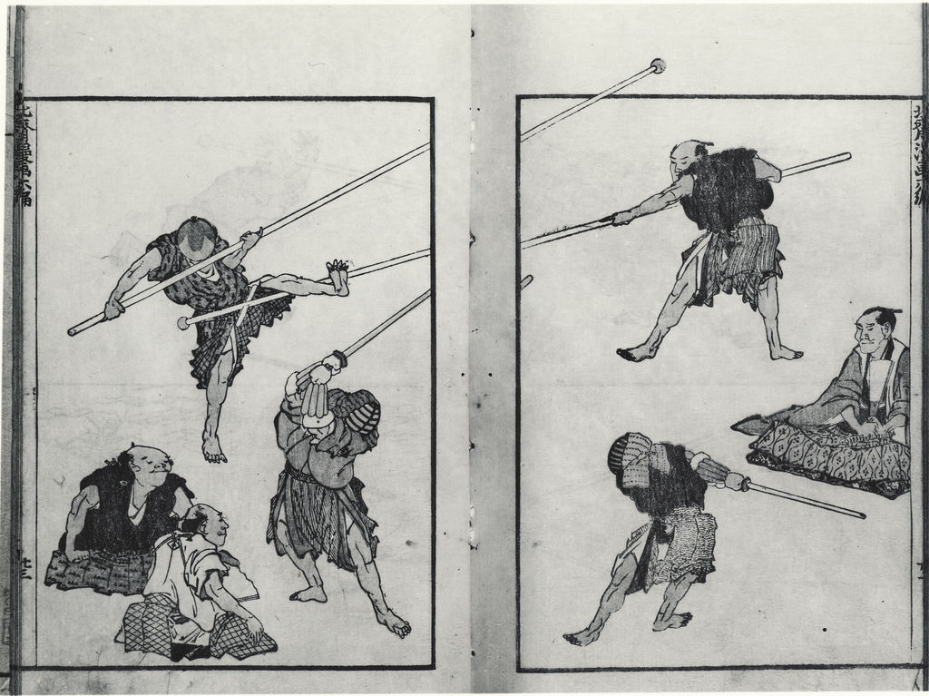 Two-page Hokusai Manga volume-six opening with figures holding long staffs and others watching