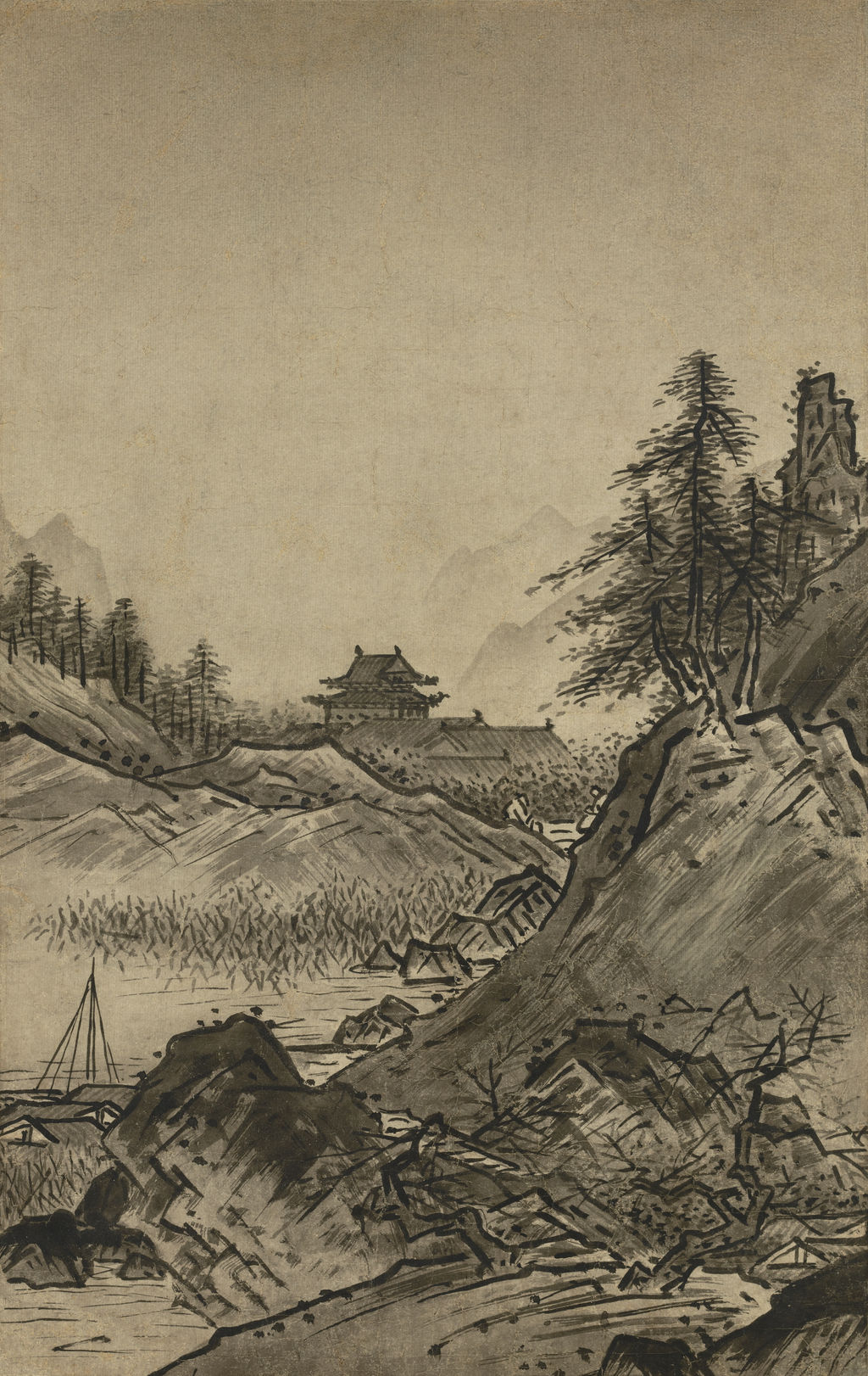 雪舟《秋冬山水図》A-1398の秋景。東京国立博物館/ColBaseの画像を比例縮小。
