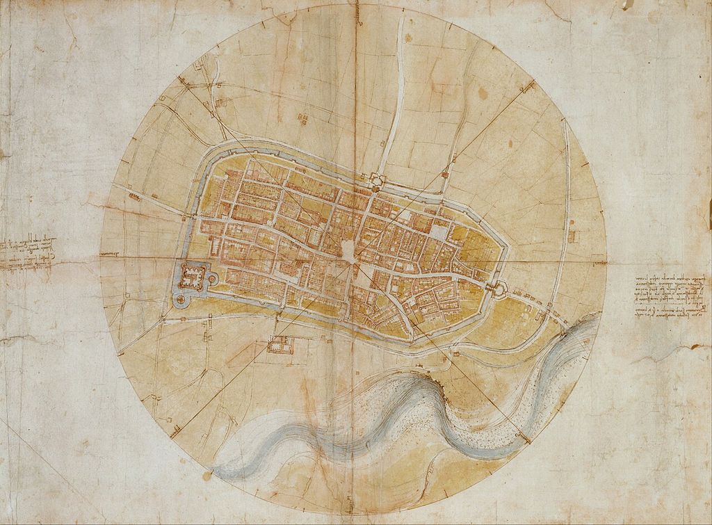 Plan d’Imola de Léonard de Vinci vu d’en haut, avec remparts, rues et directions rayonnantes