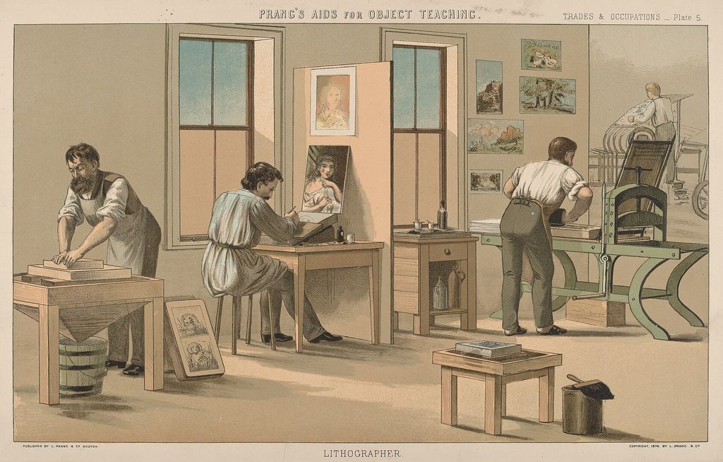 Contextual image of a lithographer at work in a nineteenth-century workshop.