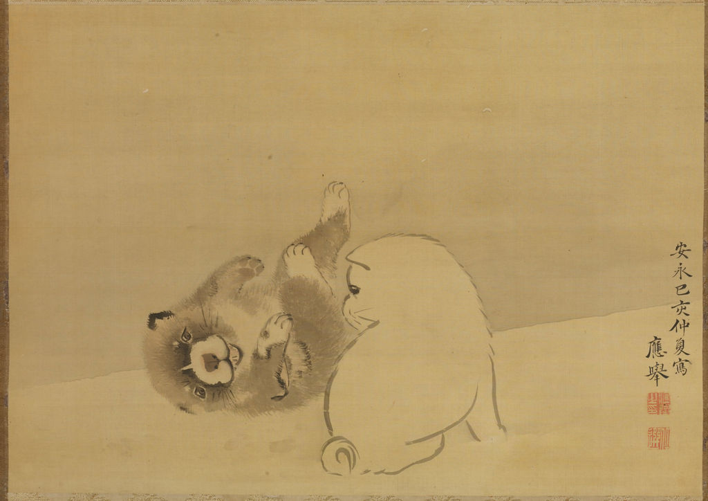 円山応挙《戯れる子犬》1779年、ミネアポリス美術館