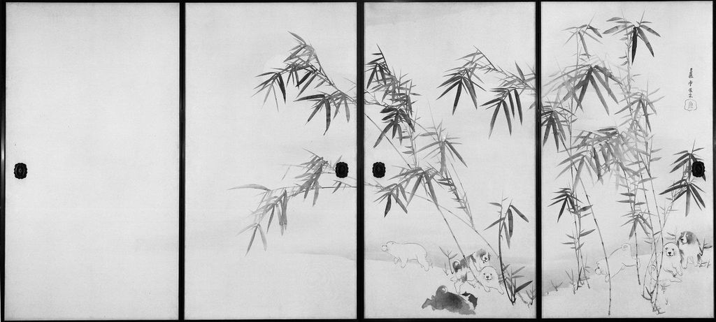 《Puppies and Bamboo in Moonlight》、旧裏面四面の白黒全景写真