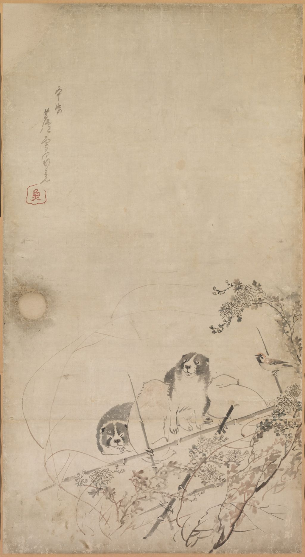 《子犬に雀、菊図》、一組の第1面