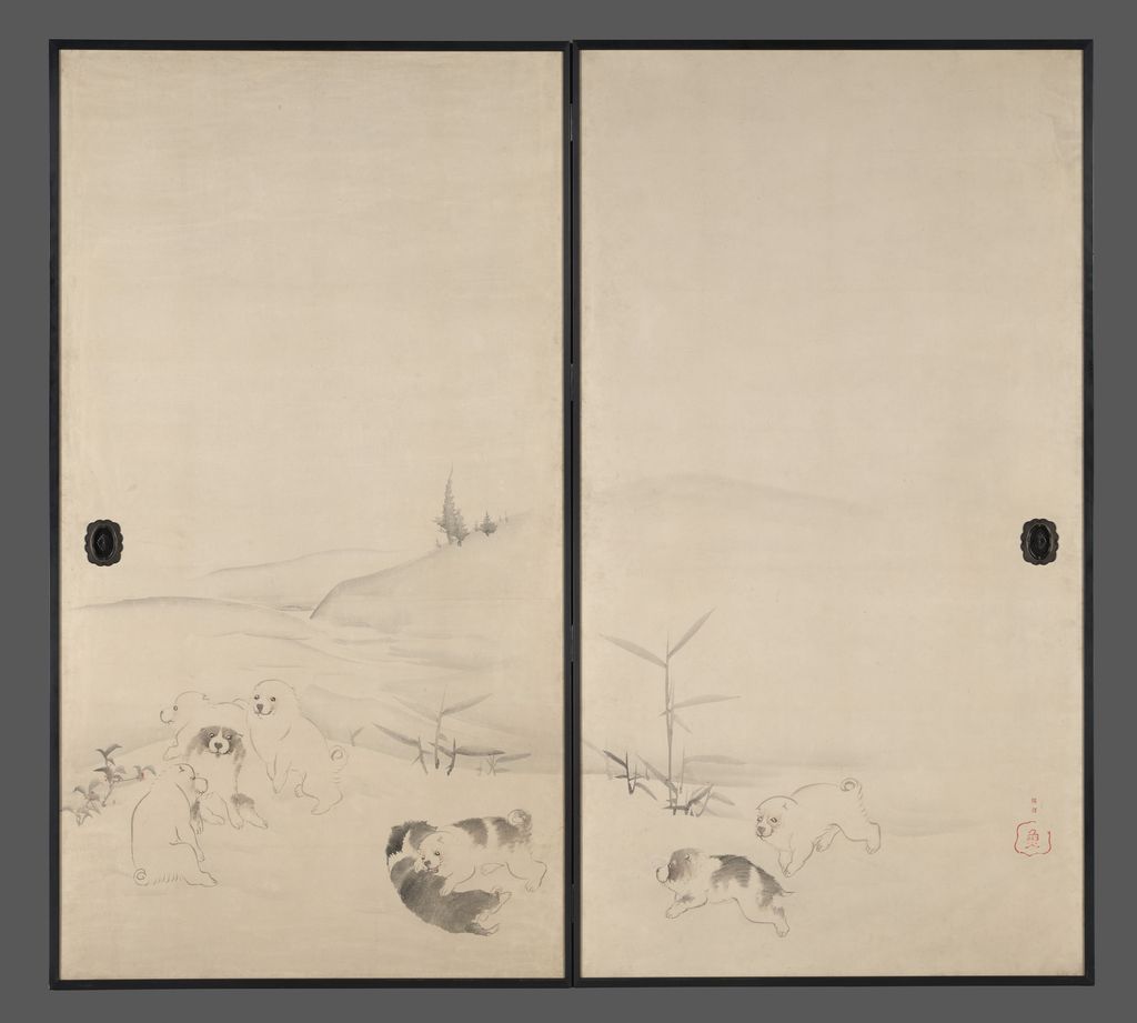 長沢芦雪《雪中狗子図襖》右二面、メトロポリタン美術館