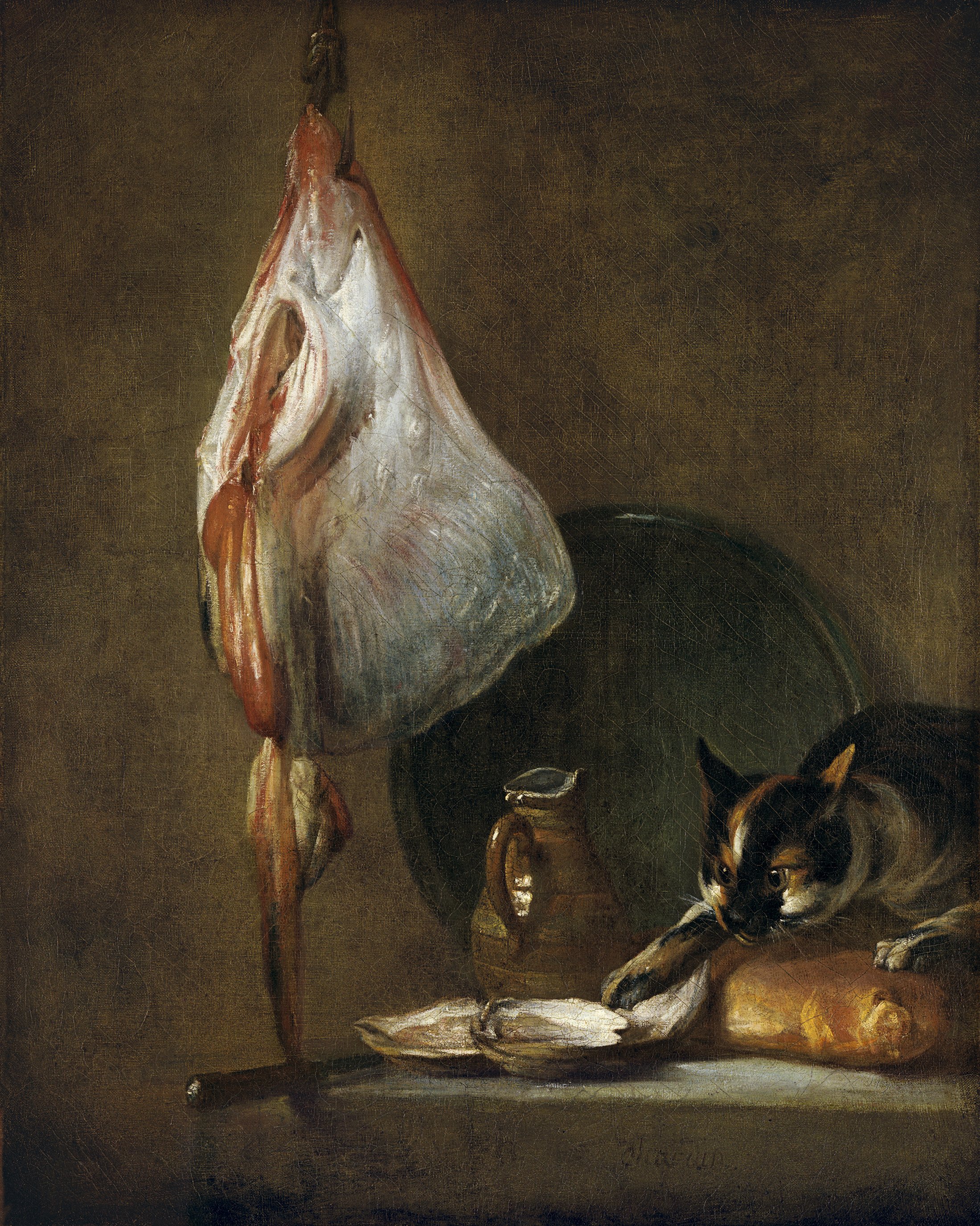 A cat paws at fish beside a hanging ray, earthenware jug and food in Chardin's dark still life.