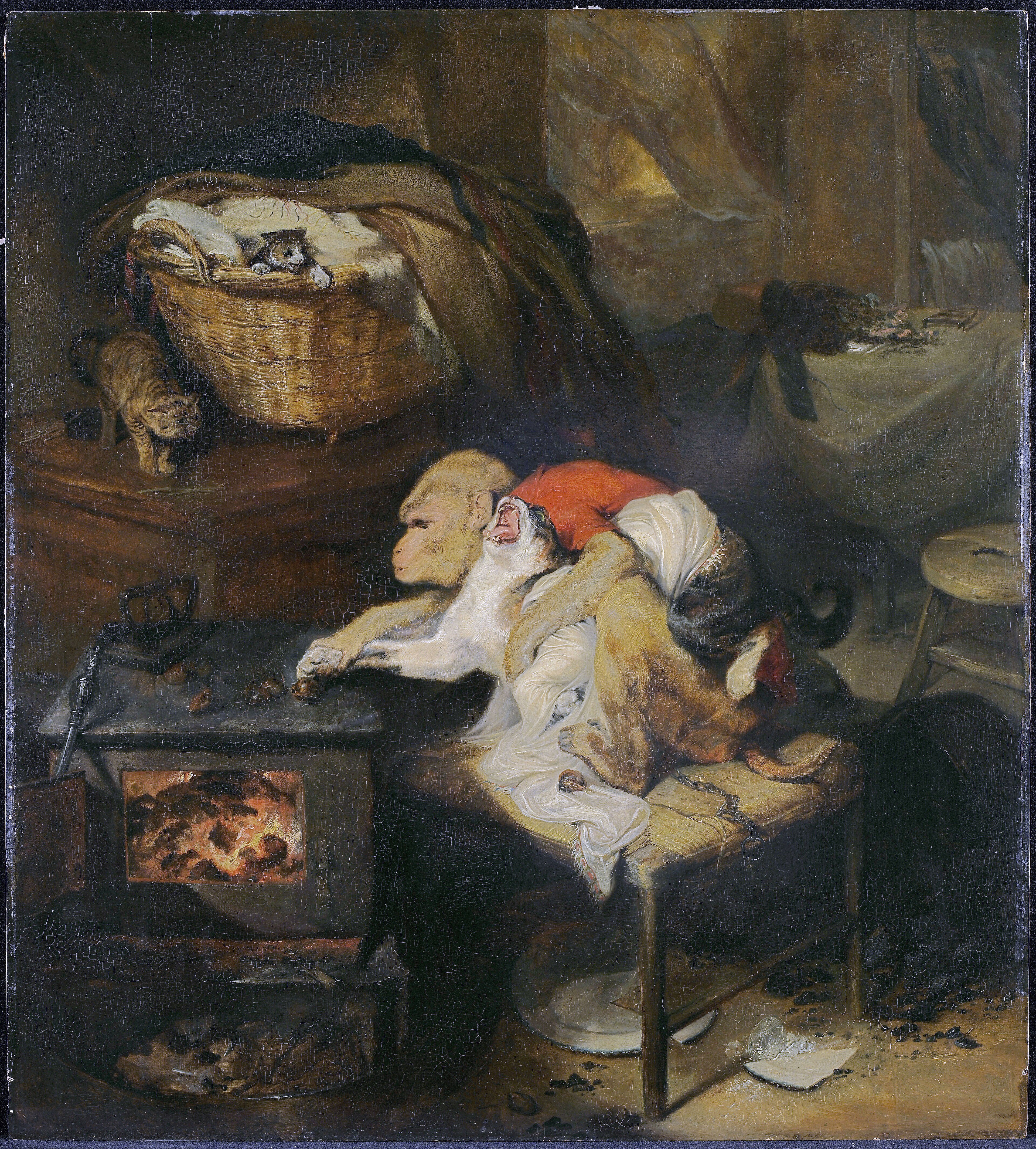 A monkey grips a cat and pushes its paw toward roasting chestnuts in Landseer's The Cat's Paw.