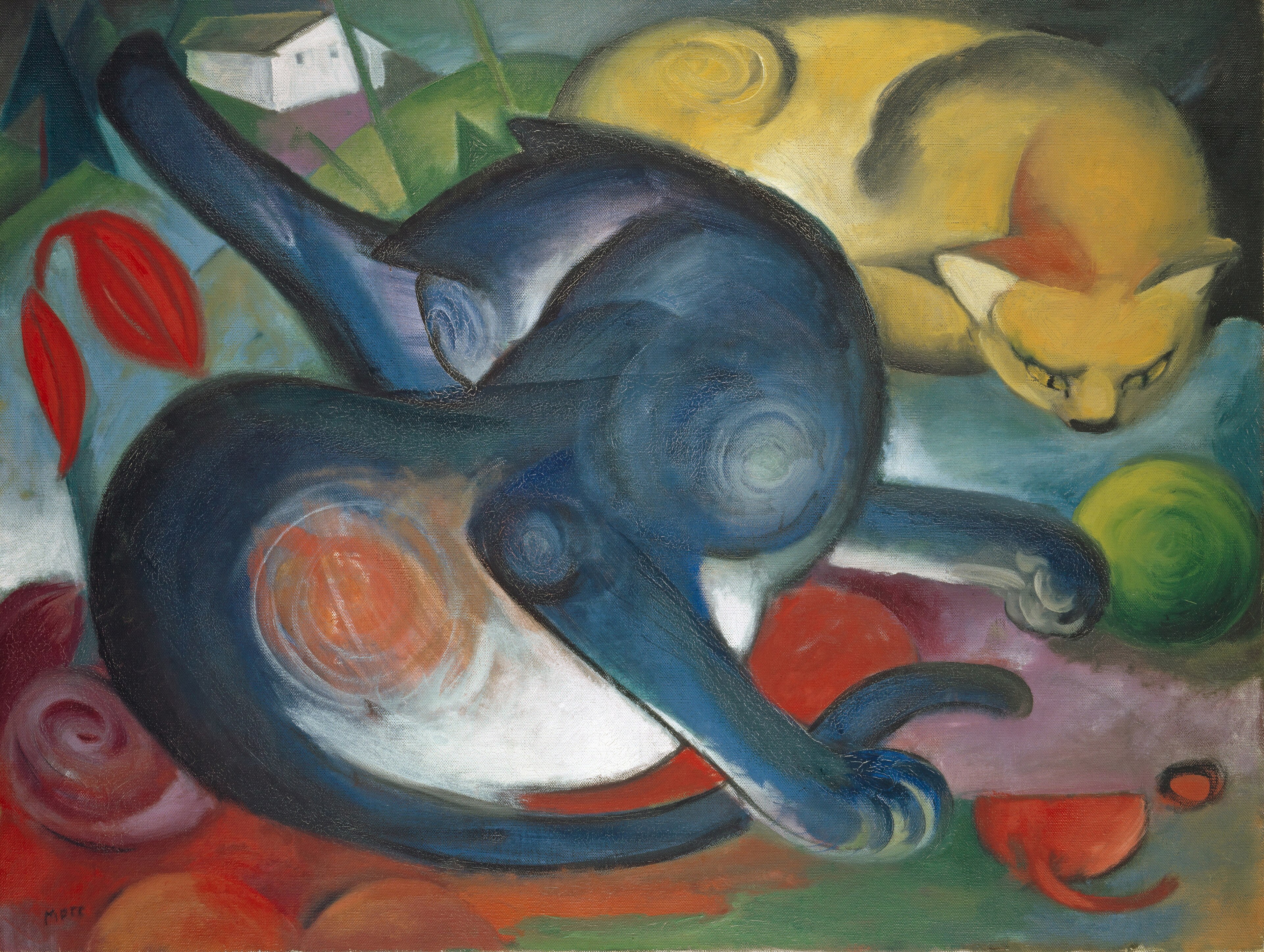 A blue cat and a yellow cat curl across a field of vivid geometric colour in Franz Marc's Two Cats, Blue and Yellow.